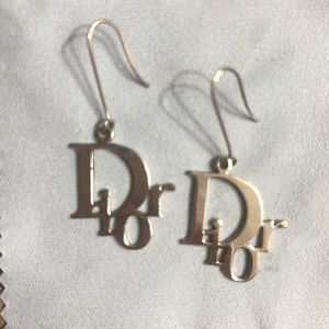 AUTH VTG Christian Dior Silver  Dangle Hook Large Oblique Spellout Logo Earrings